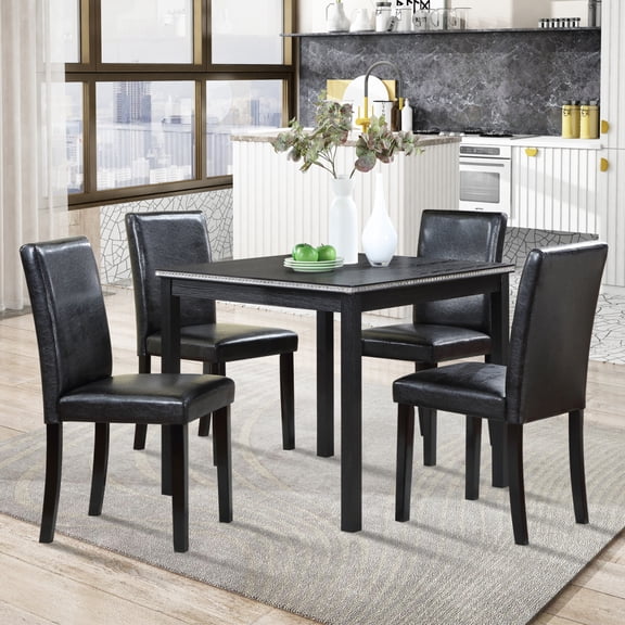 Luckynote 5 Piece Wooden Dining Table Set, Kitchen Table Set with a Square Table and 4 Upholstered Chairs, Wooden Dining Room Table with Crystal Decoration and Chairs Set for Kitchen,, Black