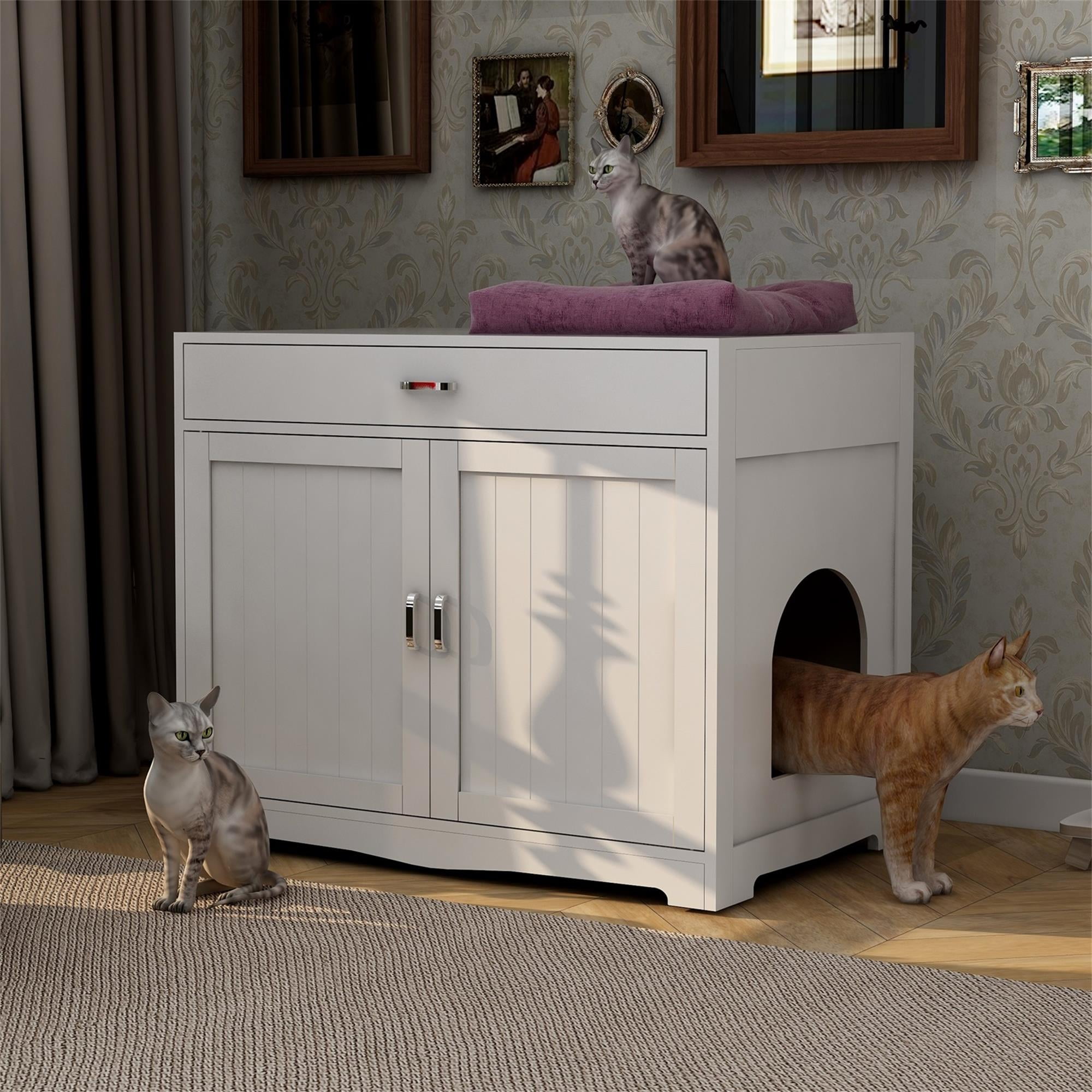 Pefilos 31" Cat Litter Box Enclosure, Hidden Cat Washroom Furniture with Divider, Large Wooden Pet House, Enough for Most of Orange Cat and Litter Box, White Pefilos 31" Cat Litter Box Enclosure, Hidden Cat Washroom Furniture with Divider, Large Wooden Pet House, Enough for Most of Orange Cat and Litter Box, White