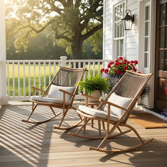 Christopher Knight Home Outdoor Rattan Rocking Chair with Iron Frame and Light Gray Cushion Set of 2, Maple Finish
