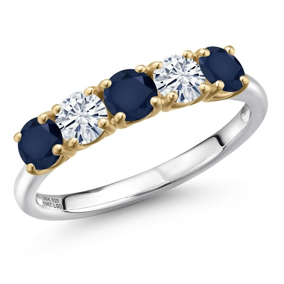 Gem Stone King 925 Silver and 10K Yellow Gold Blue Sapphire and White Moissanite Wedding-Bands Ring for Women | 1.51 Cttw | Round 4MM | Gemstone September Birthstone | Size 6