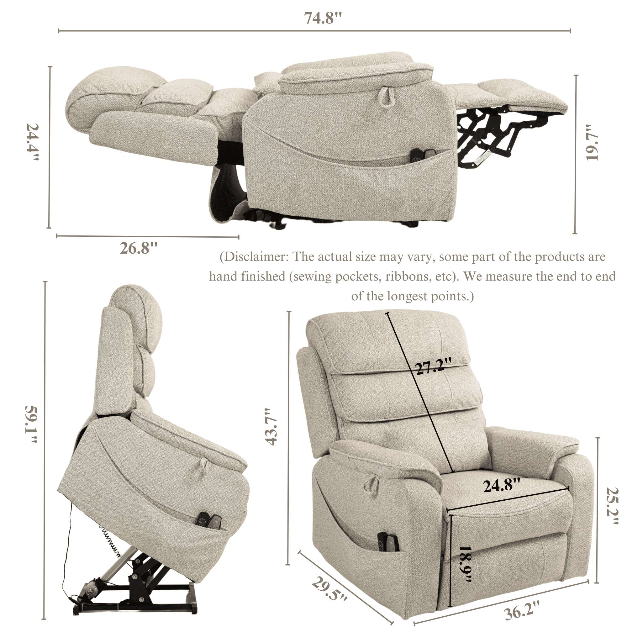 JUUXO Lay Flat Recliner with Tabletop - Wireless Phone Charger, Cup Holder & Lumbar Pillow - Dual Motor Lift Chair Fully Recline Length 74.8 inches - Perfect for Big & Tall - 400 lbs Capacity
