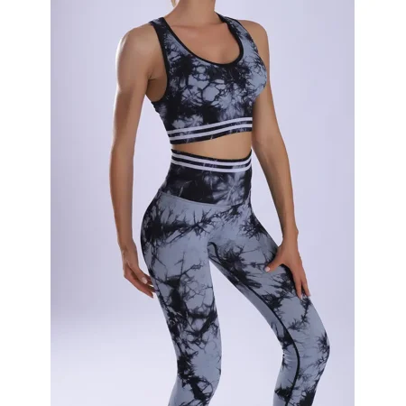 

Yishow-AA 2pcs Tie Dye Seamless Yoga Cropped Camisole Tops Sports Bra & High-Waisted Leggings Set
