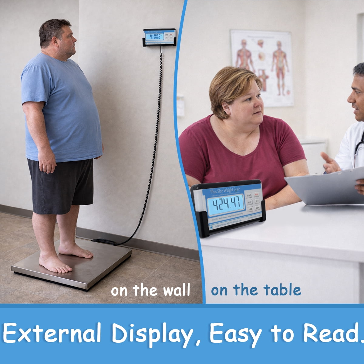 Extra Wide Heavy Duty Scale for Body Weight, 300kg/660 Lb Bariatric Scale w. Wall Mount External Digital Display