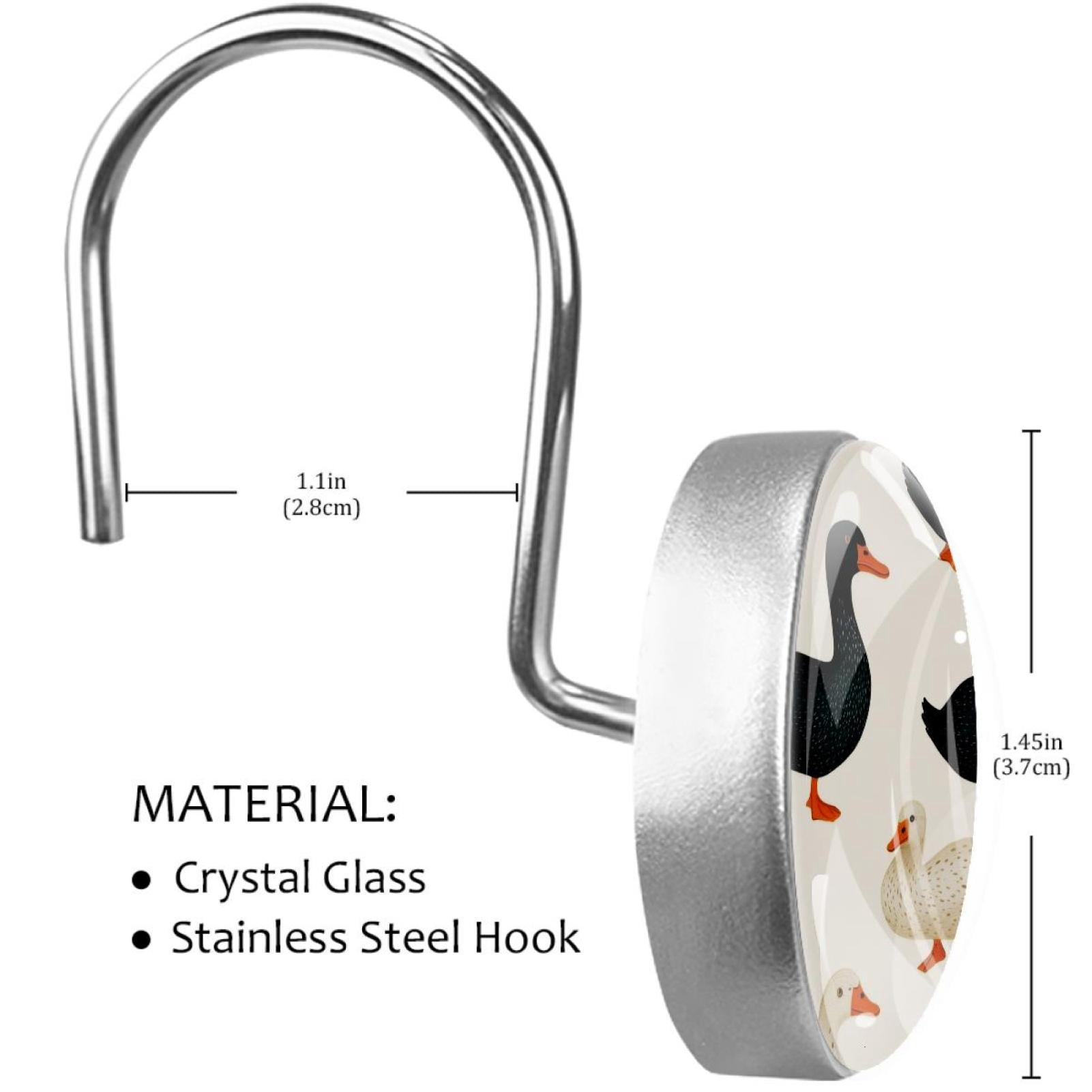 Black and White Indian Runner Ducks Shower Curtain Hooks Round Crystal Glass, Set of 12 Shower Curtain Rings - Shower Hooks for Curtain Shower Rings