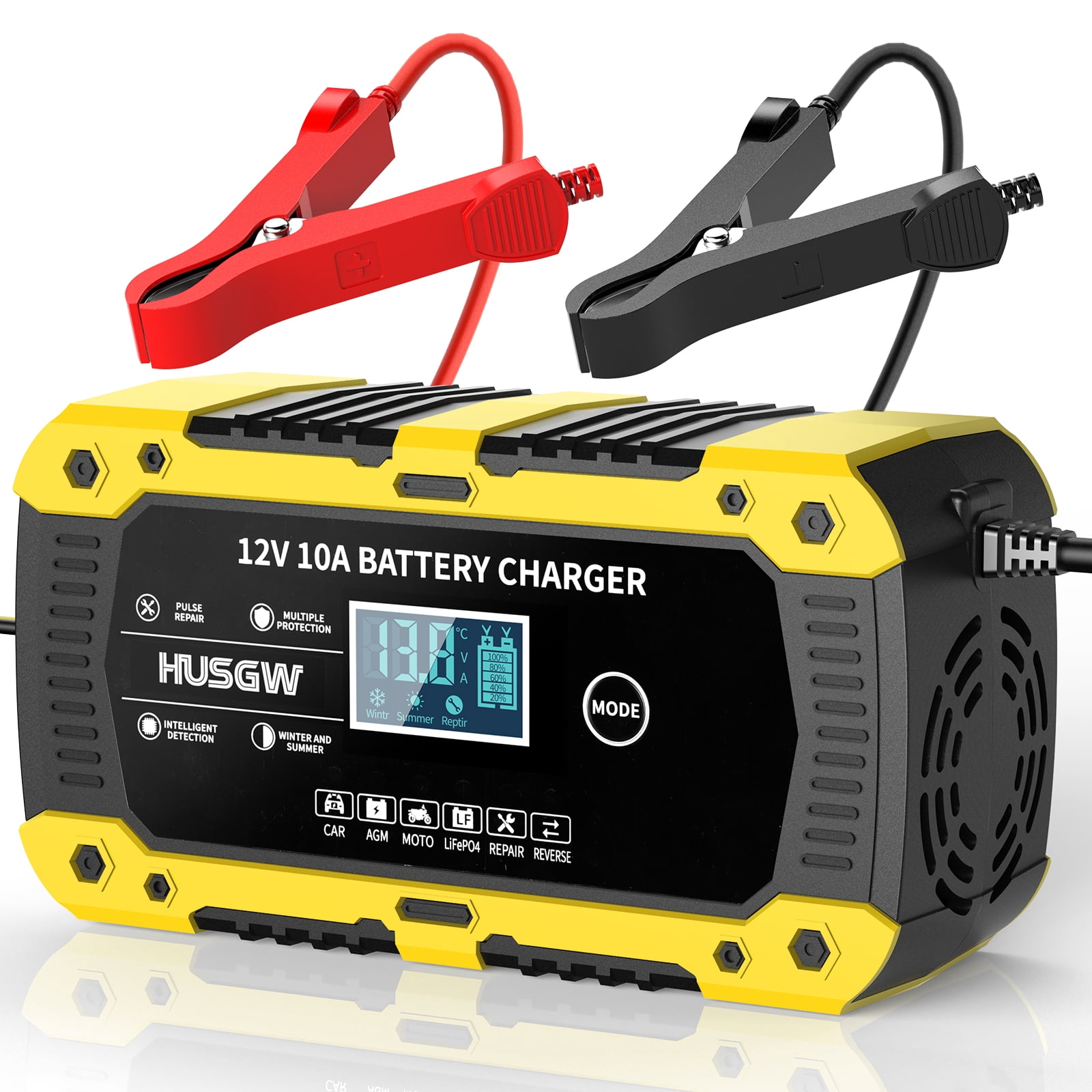 HUSGW Battery Charger 10-Amp 12V Fully-Automatic Smart Car Battery Charger, Battery Maintainer Trickle Charger, Compatible with Lead-Acid & LiFePO4  Iron Batteries，AGM, STD, Gel, Deep Cycle Batteries