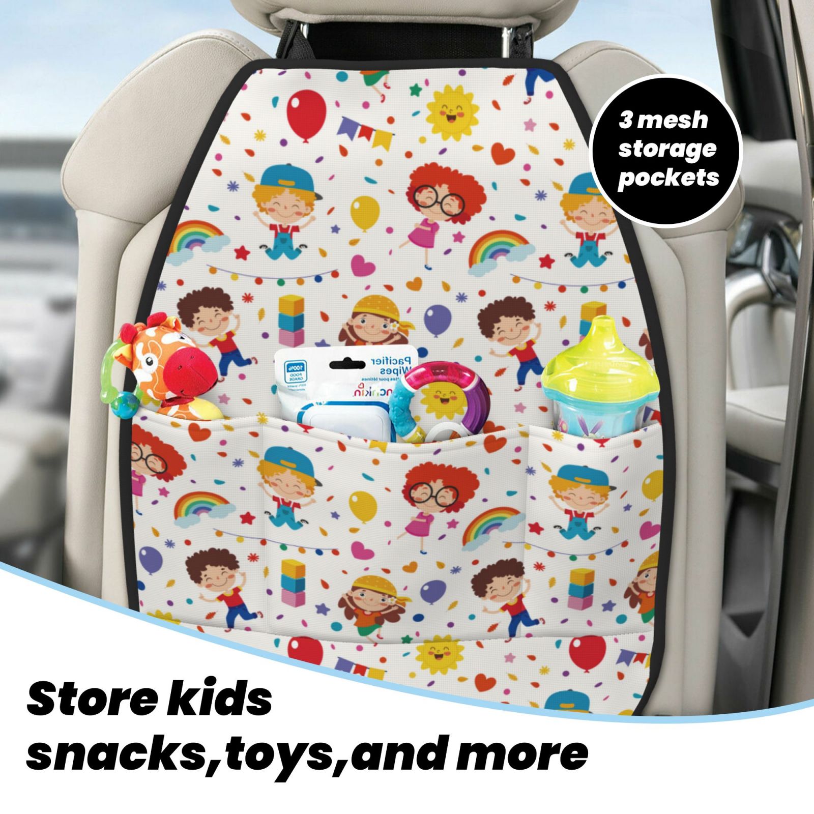 Kdxio Childrens Party Print 2 Pack Car Kick Mat Seat Cover Back Protector Mat with Pockets for Organizer Backseat Protector and Storage Anti Kick Pad for Vehicles