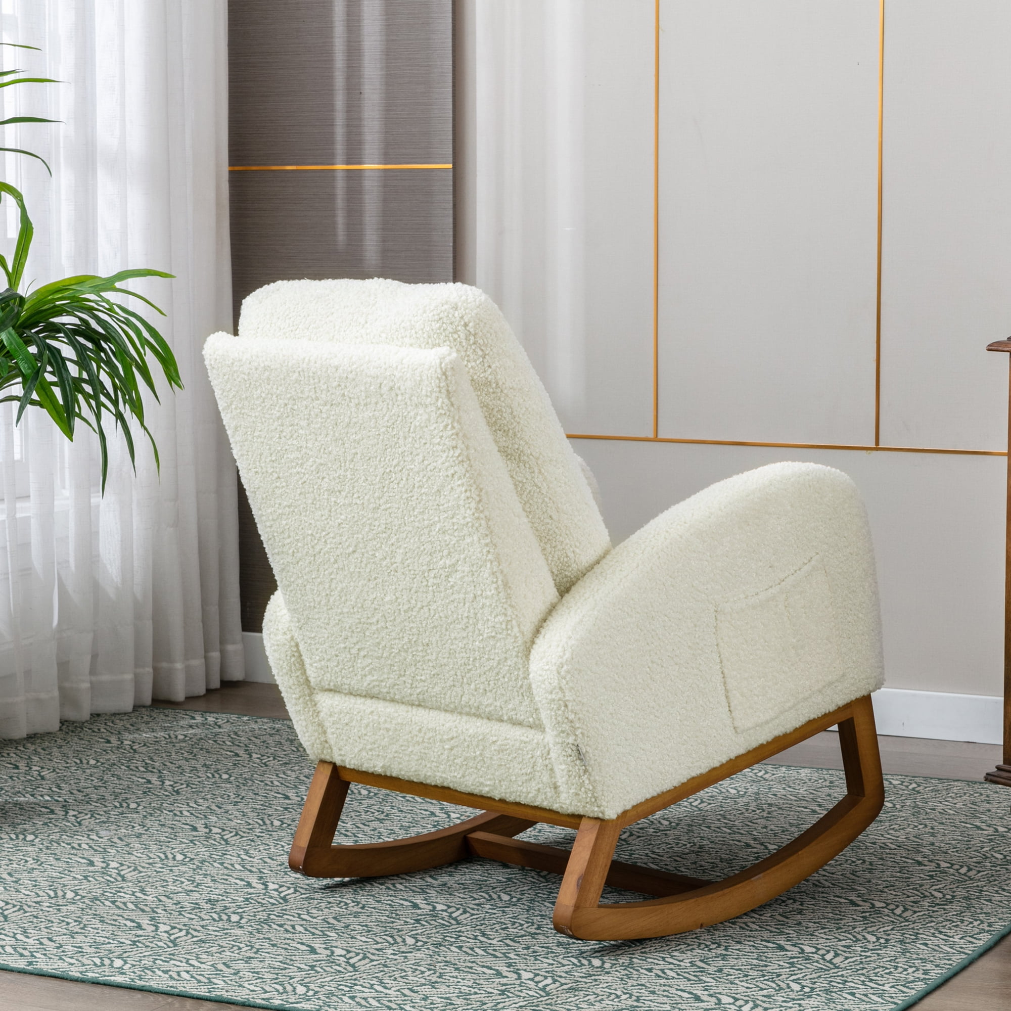 Muumblus Glider Rocking Chair for Nursery, High Back Accent Armchair for Living Room, White Teddy