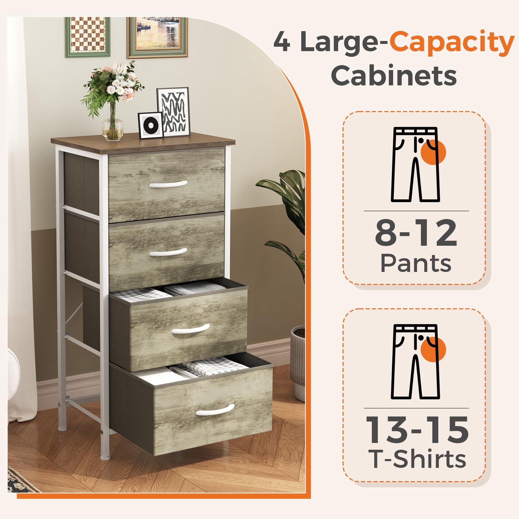 Telyra 4-Drawer Fabric Dresser 37.4" Tall Storage Tower with Wood Top and Steel Frame Narrow Organizer, Oak Greige