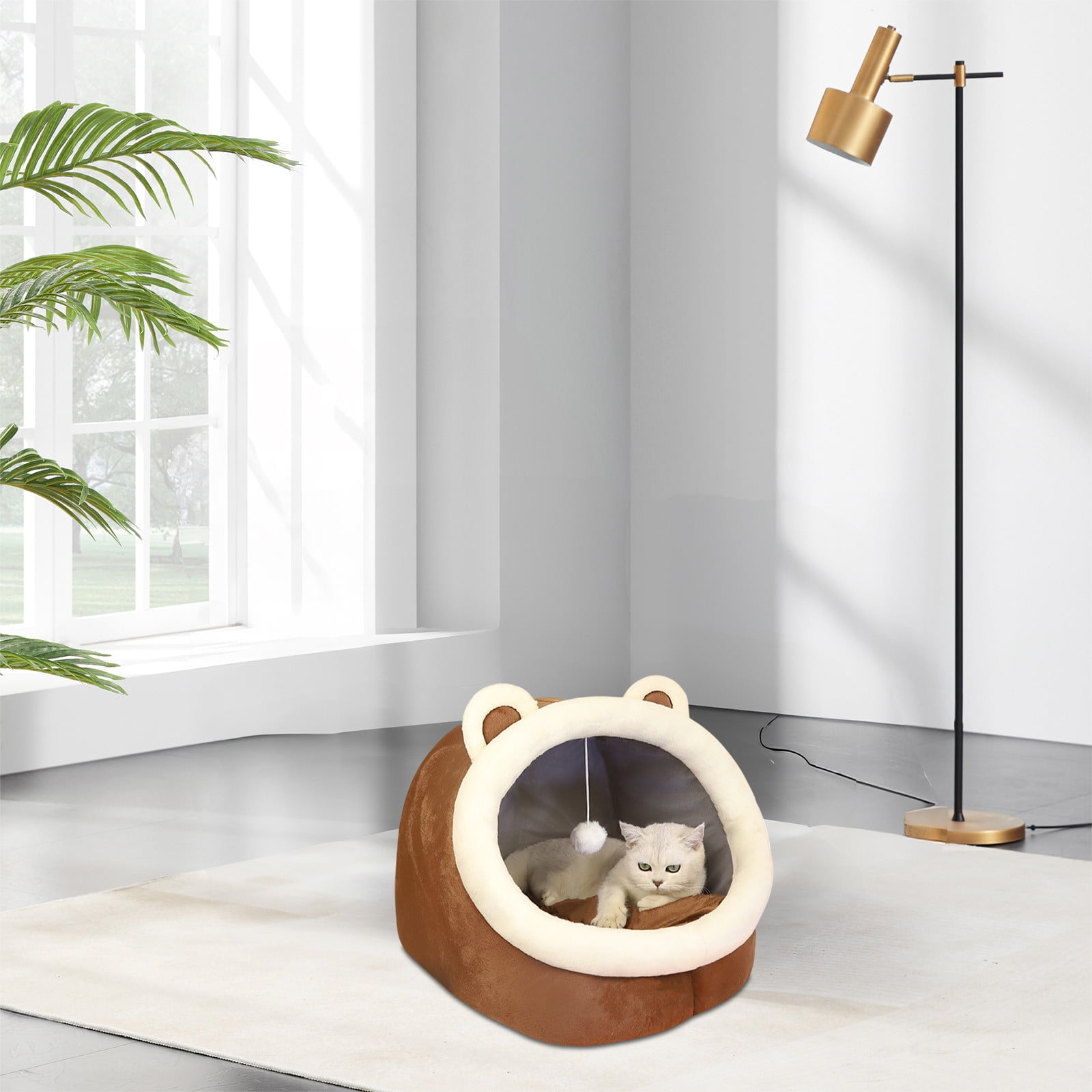 AUHomi Cute Cat Bed for Indoor Cats, Semi-Enclosed Soft Half-Covered Cat Bed, Thickening and Warm in Winter, Warm Soft Cave Fit for Cat Up to 16 Lb and Puppy, Brown