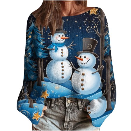 yardsong Boho Holiday Top for Women - Boat Neck Long Sleeve Xmas Graphic Christmas Imitation Sweatshirt Knit Sweater Pullover Multicolor S