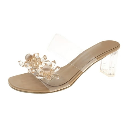 

GNEIKDEING Womens Shoes Summer Casual Transparent Strap Crystal Beads Crystal High Heel Sandals Gift on Clearance