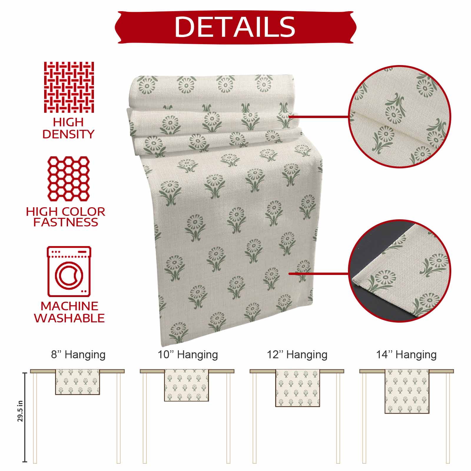 Bohemia Burlap Cotton Table Runner 13x120 Inches Long, Green Flowers Abstract Boho Beige Farmhouse Table Runners, Outdoor Dining Tablecloths Decor for Baby Shower/Party/Wedding