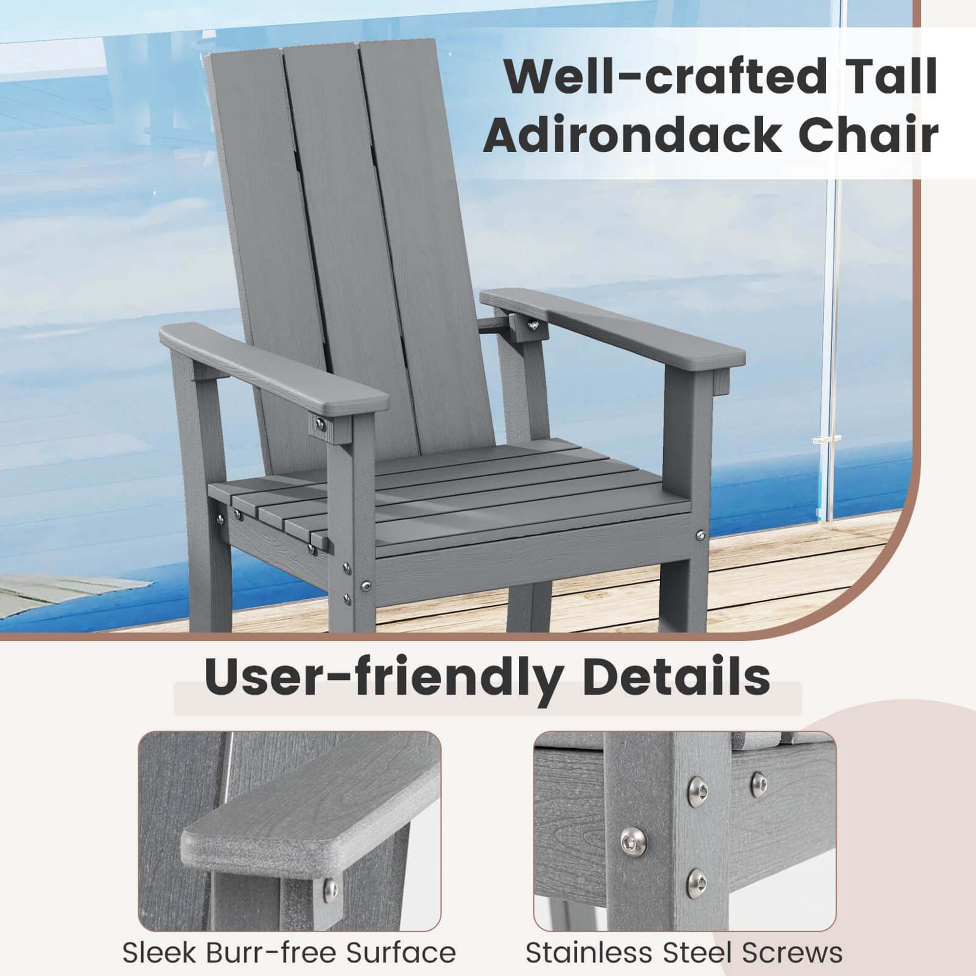 Costway Tall Adirondack Chair with Ergonomic Backrest Armrests & Footrest for Backyard Gray