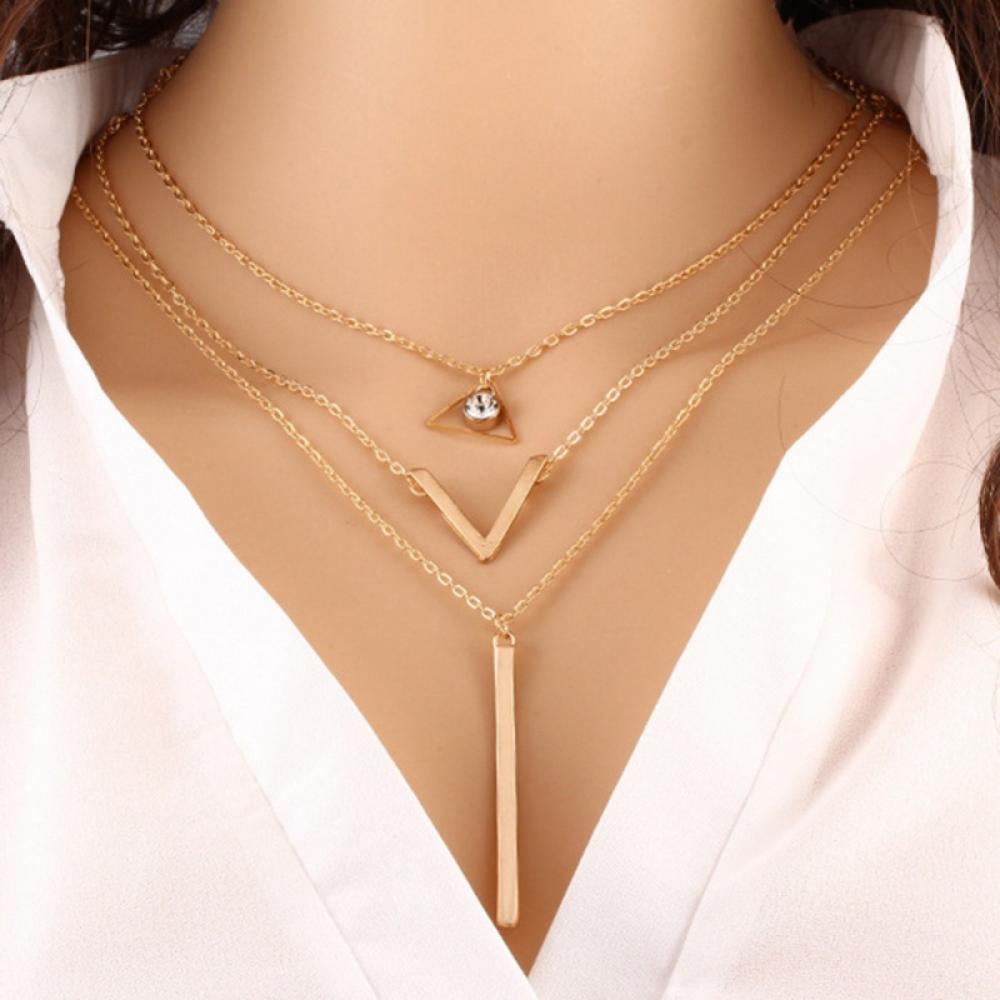 Fashion Accessory Craft 2 Pieces Triple Layer Drop Chain Necklet Charm Gold 