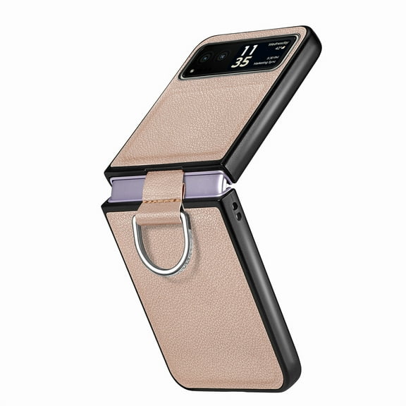 Decase for Motorola Razr 40 Leather Case Cover, with Metal Finger Ring Holder Slim Lightweight Shockproof Non-Slip Case for Motorola Razr 40,Khaki