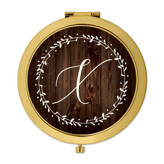 Koyal Wholesale Gold Compact Mirror Bridesmaid's Wedding Gift, Rustic Wood with Laurels, Monogram Letter X, 1-Pack