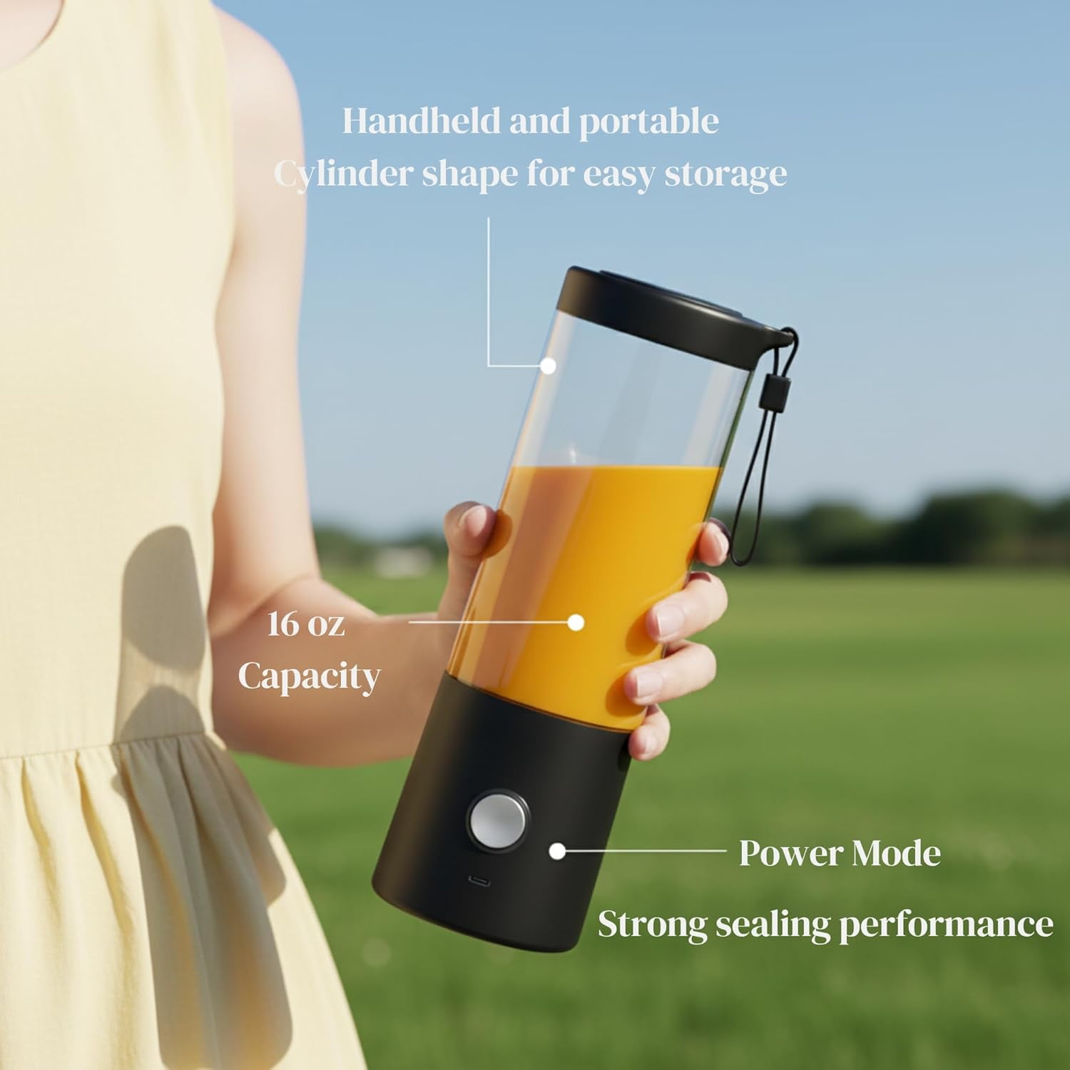 Portable Blender for Smoothies & Shakes – 16oz Mini Personal Blender Bottle, USB-C Rechargeable & Self-Cleaning – Black – Perfect Holiday Gift