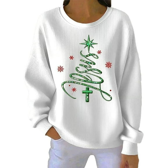 Women's Christmas Jesus Tree Graphic Print Sweatshirts Casual Long Sleeve Crew Neck Holiday Ribbing Pullover Tops Trendy Drop Shoulder Loose Fit Cozy Hoodless Sweatshirt White XL