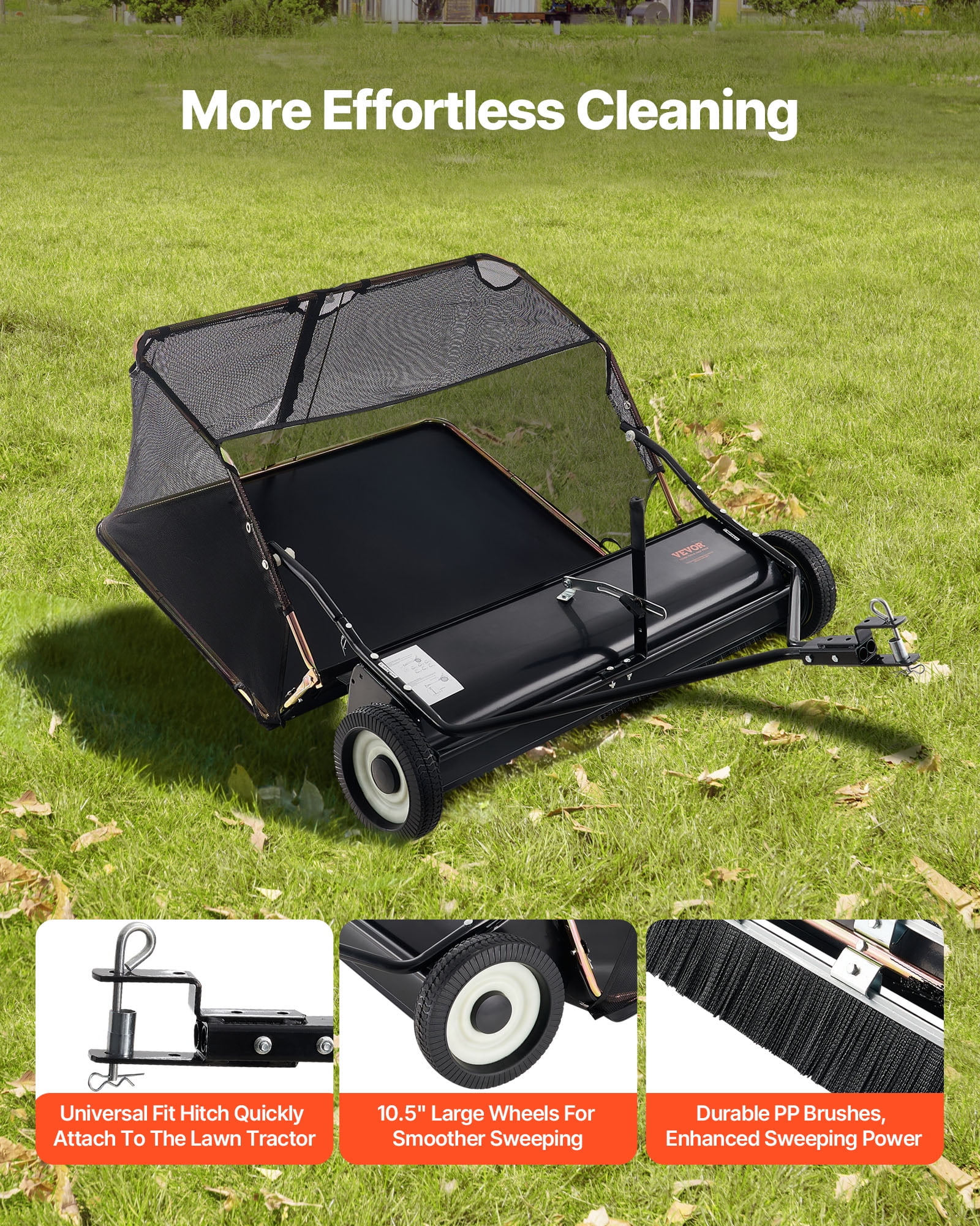 VEVOR 52 in Tow Behind Lawn Sweeper, 26 Cu.ft. Large Yard Sweeper, Adjustable Sweeping Height, Heavy Duty Leaf & Grass Collector with Dumping Rope, Pull Behind Sweepers for Debris Grass Clippings