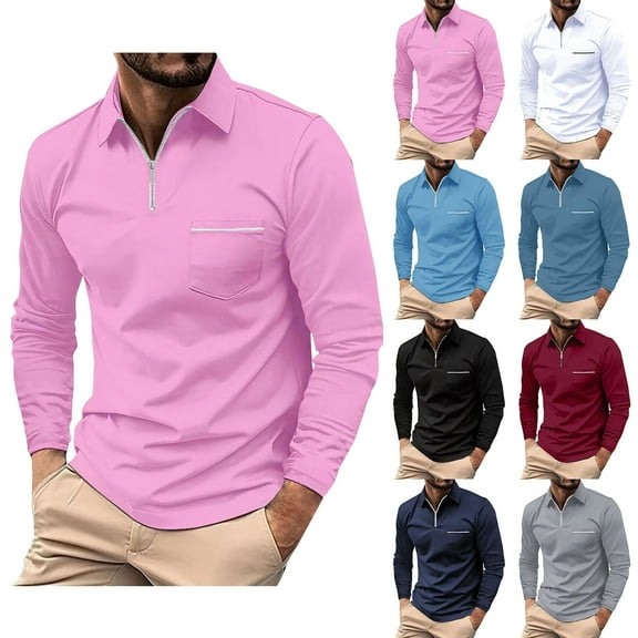 Men's Polo Shirts Long Sleeve T-Shirt Classic Casual Soft Golf Tee Shirts with Pocket Pink 2XL