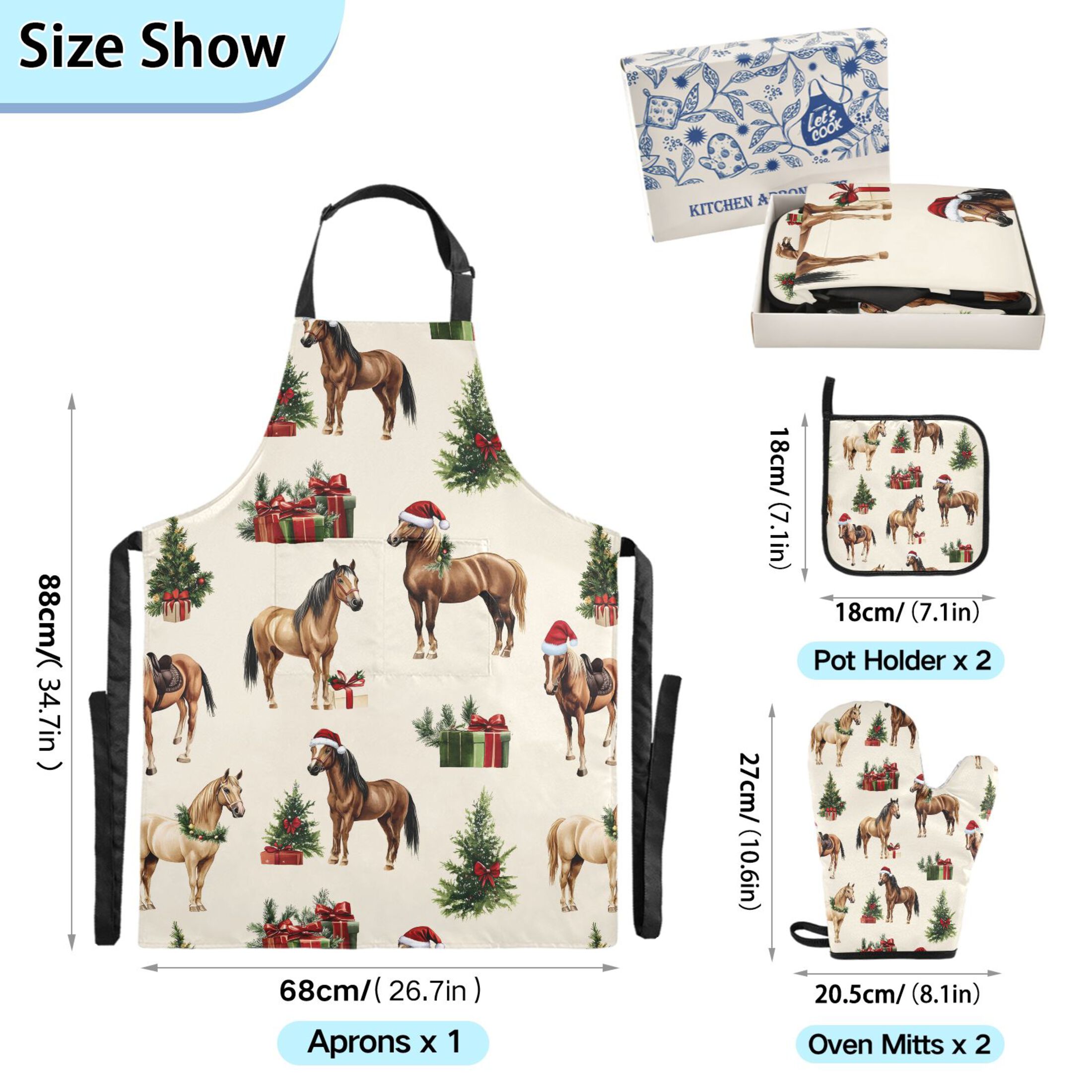 Ryvnso Christmas Horse Kitchen Apron Oven Mitts Set Pot Holders