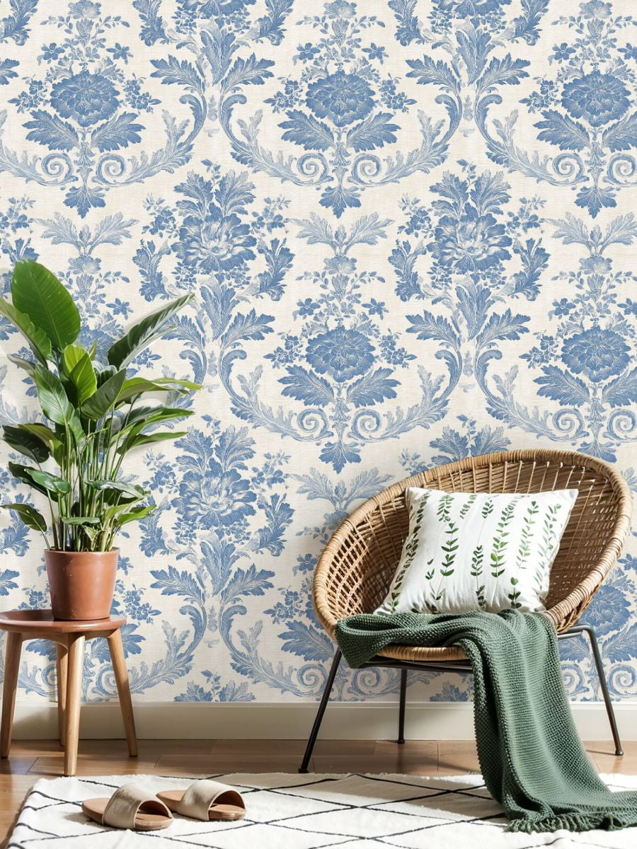 Vintage Peel and Stick Wallpaper 23.6in x 9.8ft Blue Floral Damask Elegant Swirls Detailing Contact Paper Vinyl Waterproof Self Adhesive Wall Paper for Bedroom Shelf Cabinet Renter Friendly