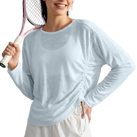 Womens Yoga Workout Tops Drawstring Ruched Quick Dry Shirts Pullover Light Weight Athletic Tshirts Coverups Blue M