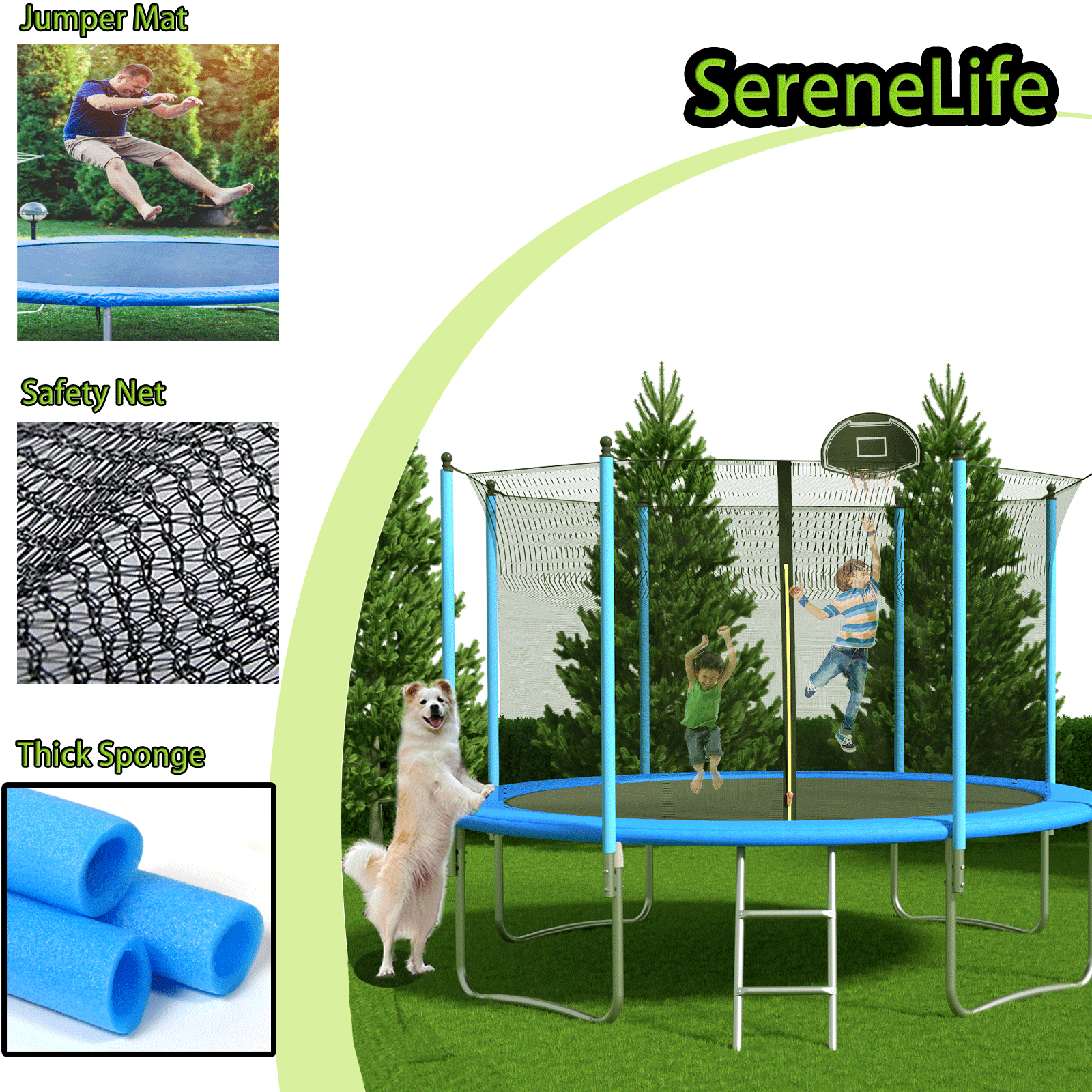 SENCHO GINSYTALIOR Trampoline 10FT for Kid Adult No Basketball Hoop Outdoor Trampoline with Safety Enclosure Net Ladder-In Net