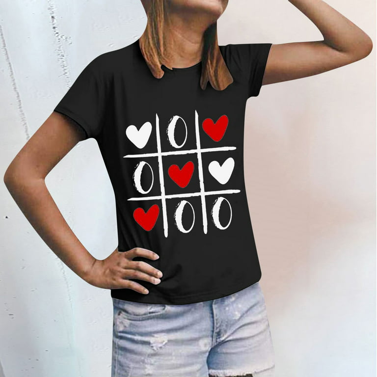 Women\'s Short Sleeve Tunic Tops Valentines Day Graphic T Shirt Couple  Matching Short Sleeve T Shirt Top Model