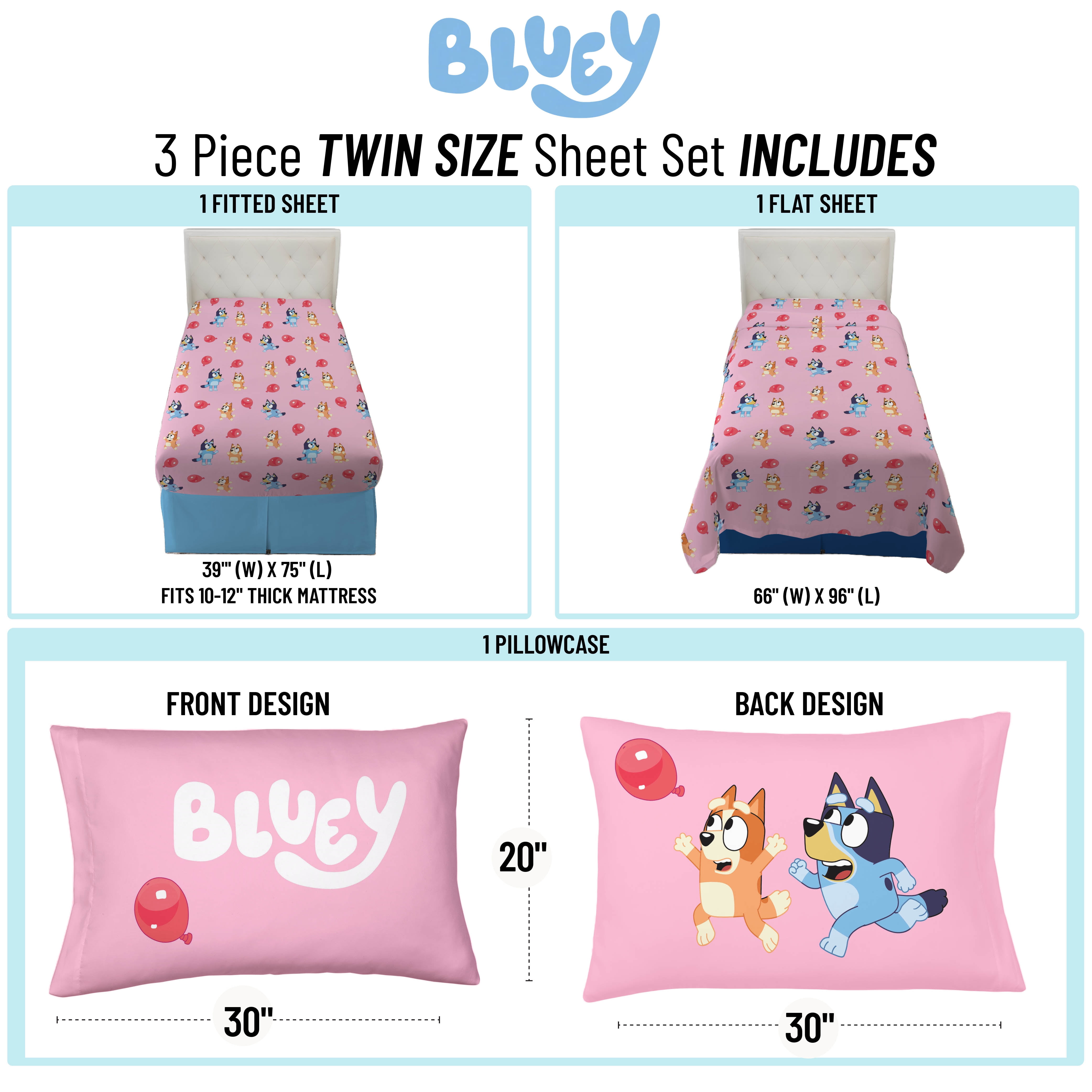 Bluey Balloon Party Kids 3 Piece Pink Bed Sheet Set, Twin