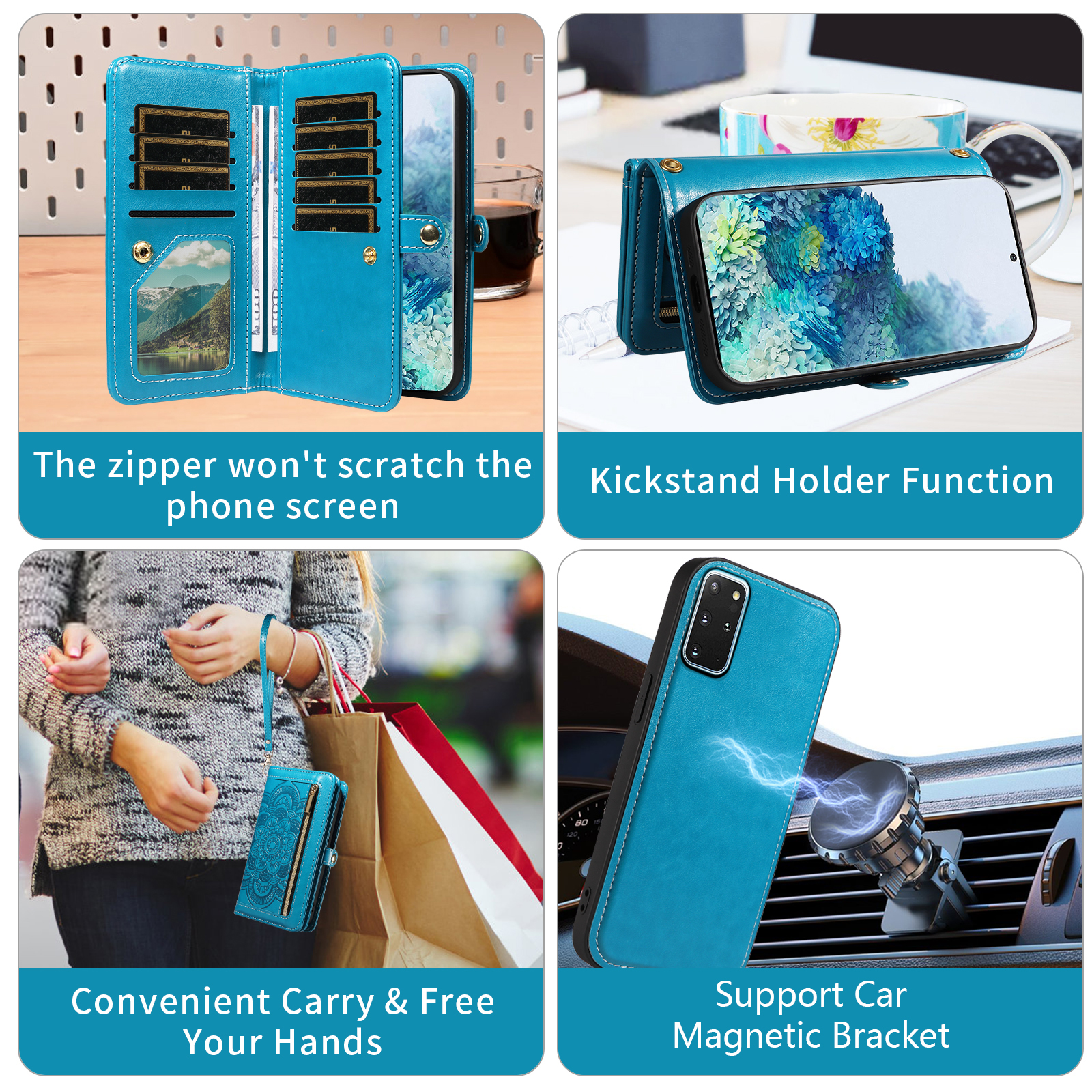 Asuwish Detachable Magnetic Zipper Wallet Phone Case with Flower Pattern and Screen Protector for Samsung Galaxy S20 Plus, Blue