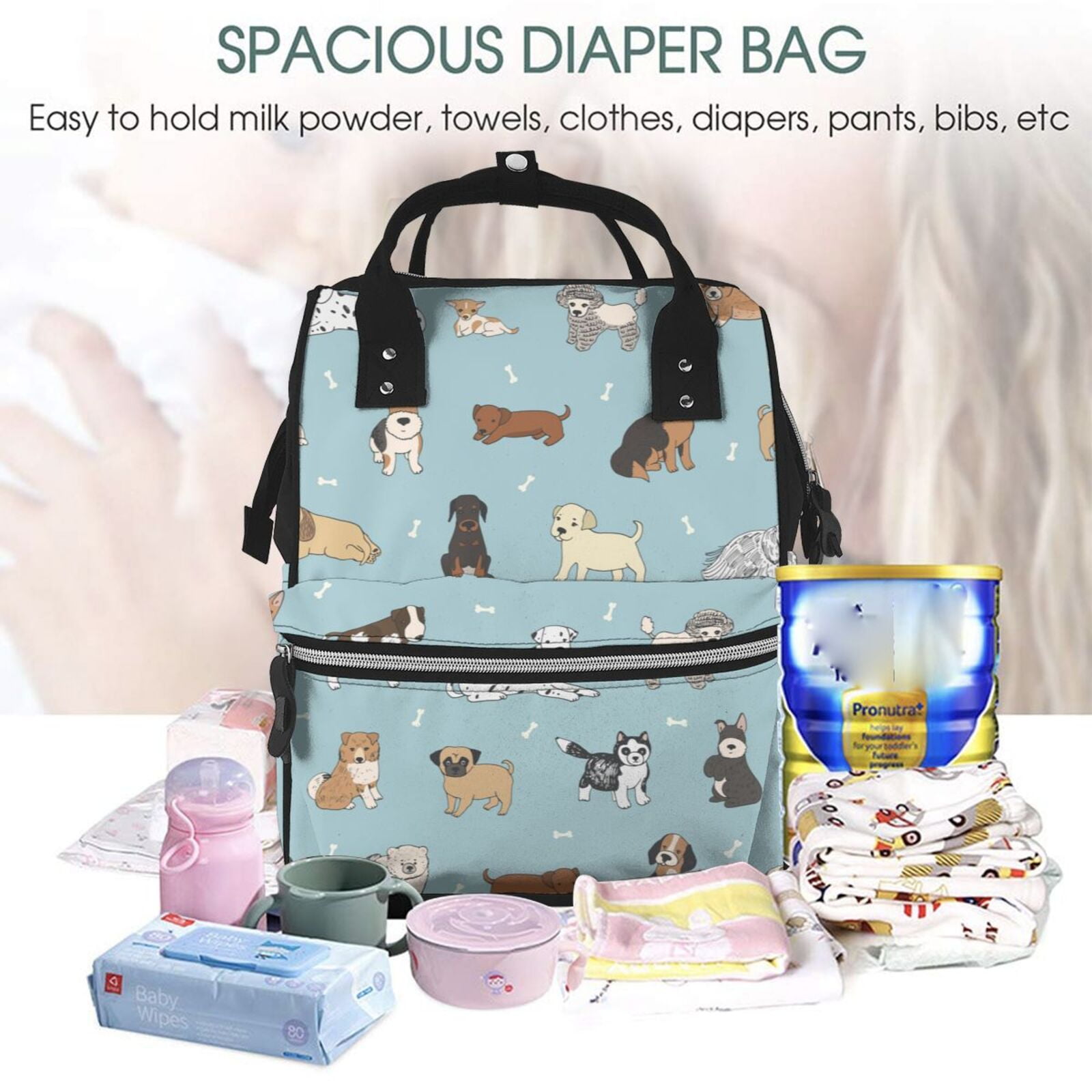 Ratiio Dog Pets Mummy Backpack - Waterproof Twill Canvas, Large Capacity Diaper Bag with Multiple Pockets and Adjustable Straps