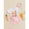 thumbnail image 5 of Gzhioc Baby Girl Easter Outfits 3 6 12 18 Months Toddler Girls Summer Clothes Rabbit Ears/Letter Print Crew Neck Short Sleeve Romper Shorts Headband 3Pcs Clothes Set, 5 of 9