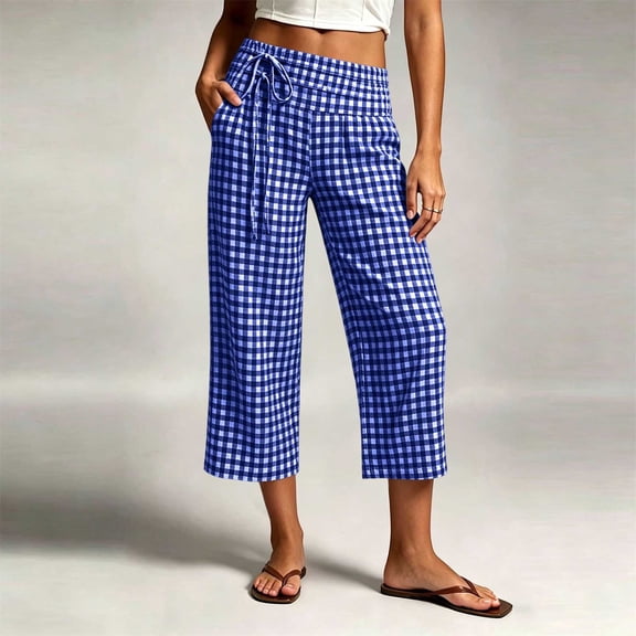 Women's Straight Leg Pants Baeitkot Women's Fashion Imitation Elastic Waist Casual Pocket Straight Leg Cropped Pants Blue M