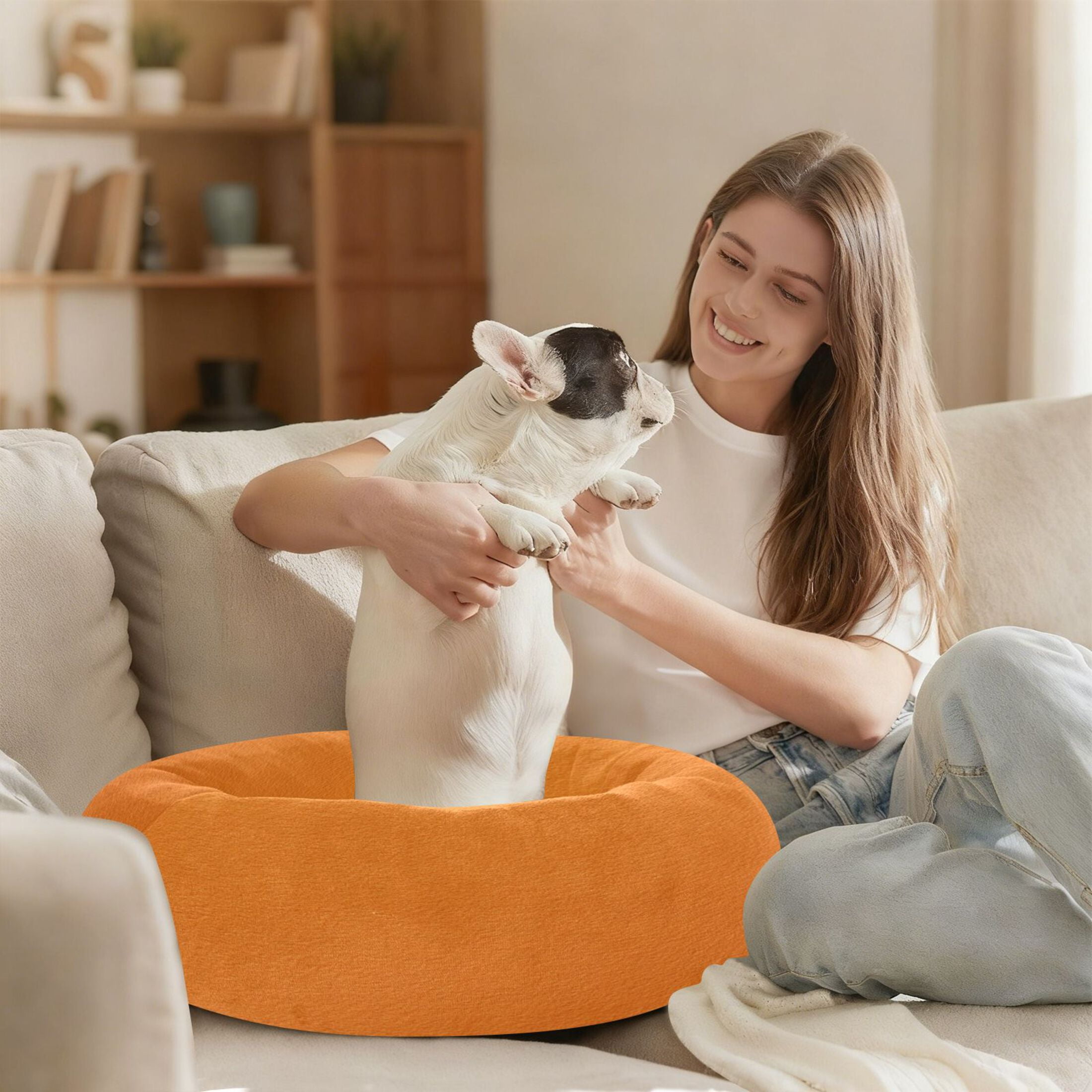 Iauyy Pet Couch Donut Cat Bed for Indoor Cats/Small Dogs Washable & Machine with Non-slip Bottom Calming Cat Furniture, Orange Cardboard (M)