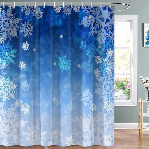 Blue Christmas Shower Curtain, Winter Snowflake Shower Curtains Set with 12 Hooks, Holiday Home Decor Fabric Shower Curtains, 72x72 Inches