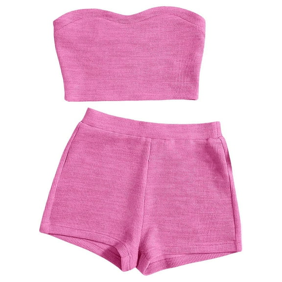 Women's Knitted 2 Piece Outfit Ribbed Crop Top Sleeveless Bandeau Tube Tops and Track Shorts Set