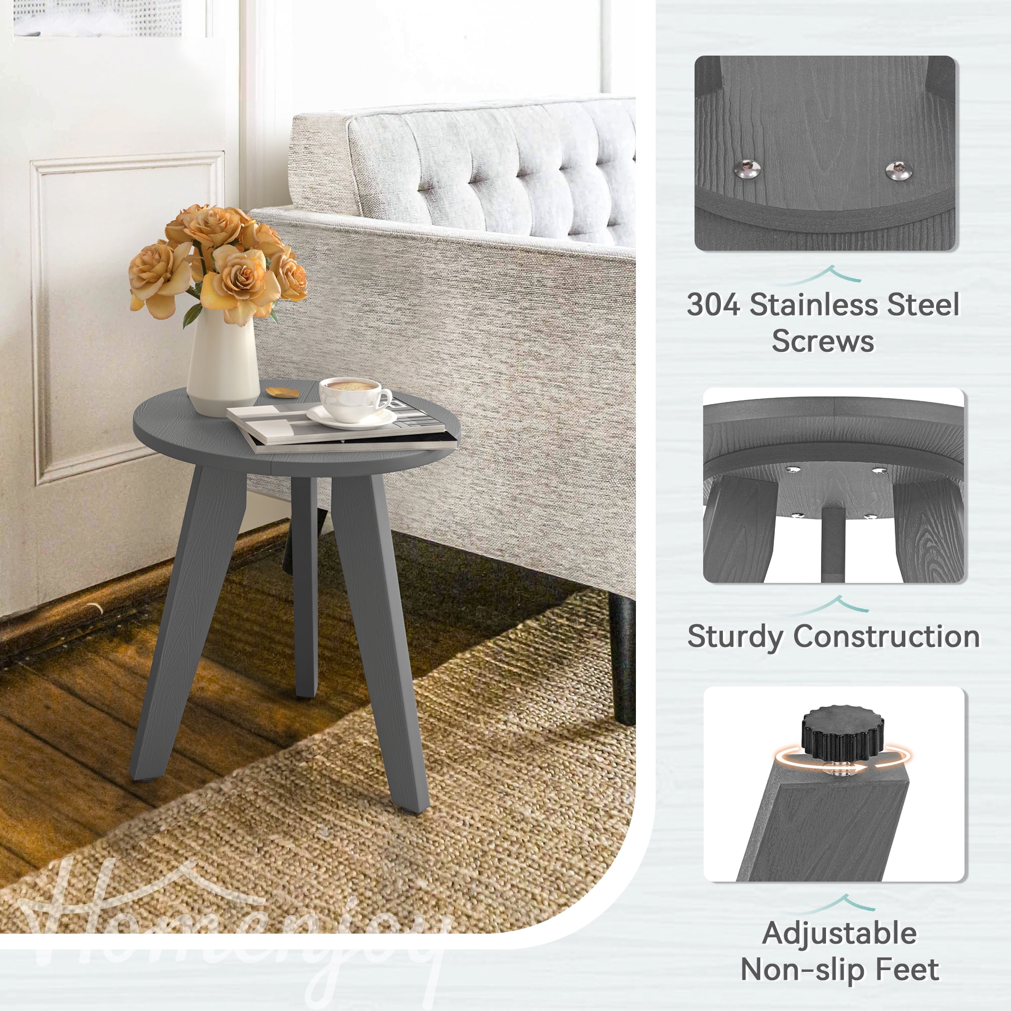 Dycanpo Outdoor Side Table for Patio, Small Round End Table Weather-Resistant for Living Room, Bedroom, Gray