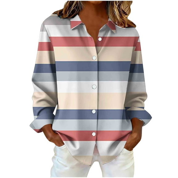 QQAMB Dressy Gradient Lapel Blouse for Women Plus Size Long Sleeve Button Down Shirts Loose Business Casual Striped Tunic Tops