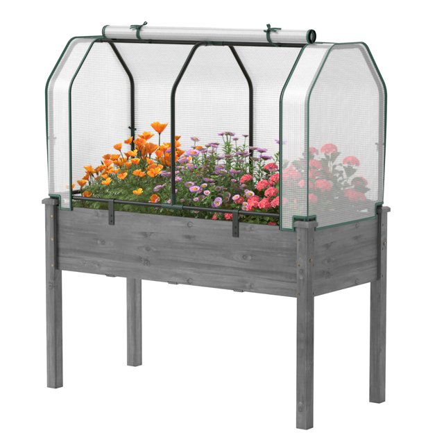 Costway Raised Garden Bed with Dual Zipper Door Greenhouse for Patios and Backyards Grey