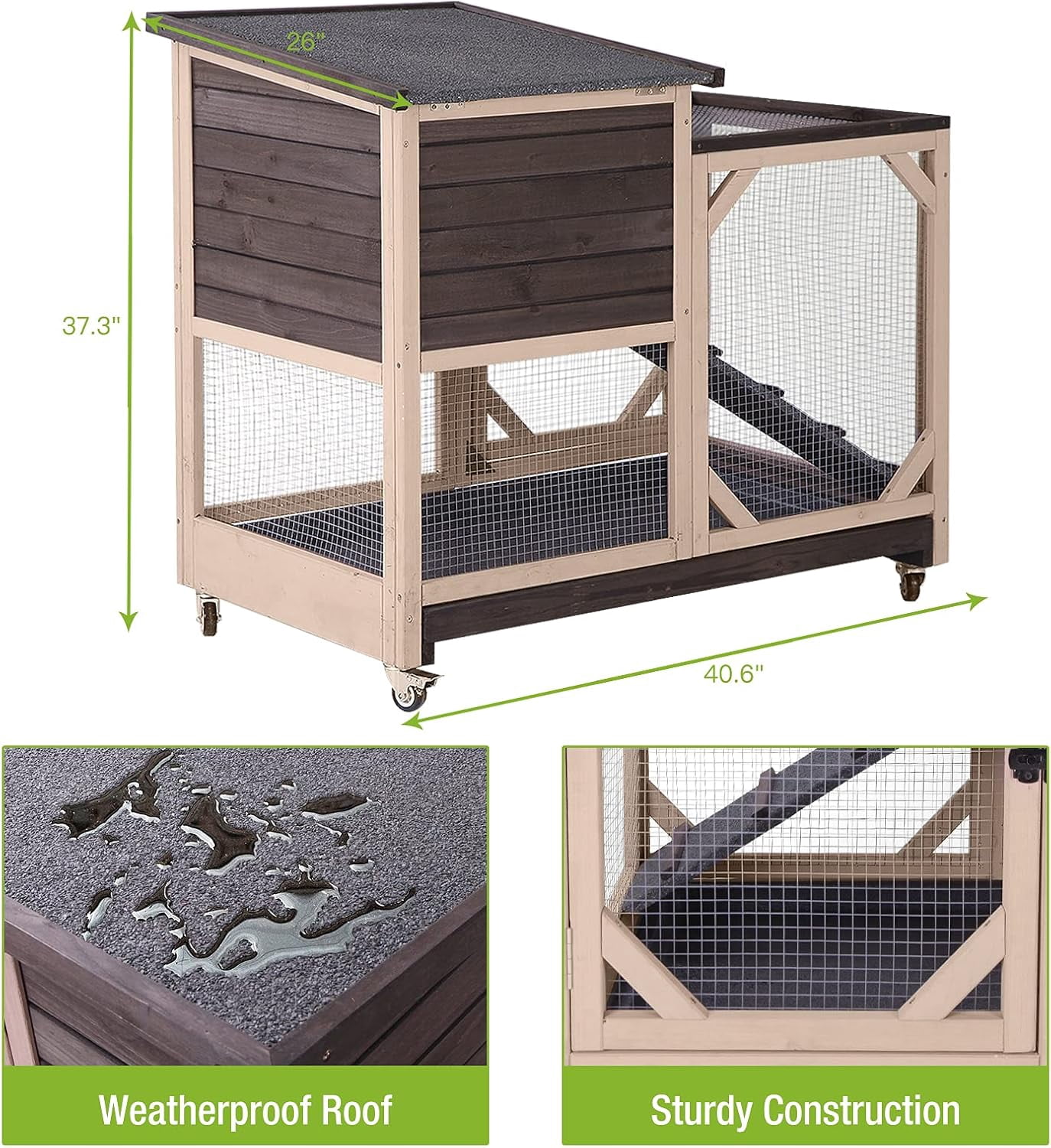 BUTINGLALE Indoor Outdoor Rabbit Hutch, Bunny Cage on Wheels with 2 Deep No Leakage Pull Out Trays (Without Bottom Wire Mesh-Coffee)
