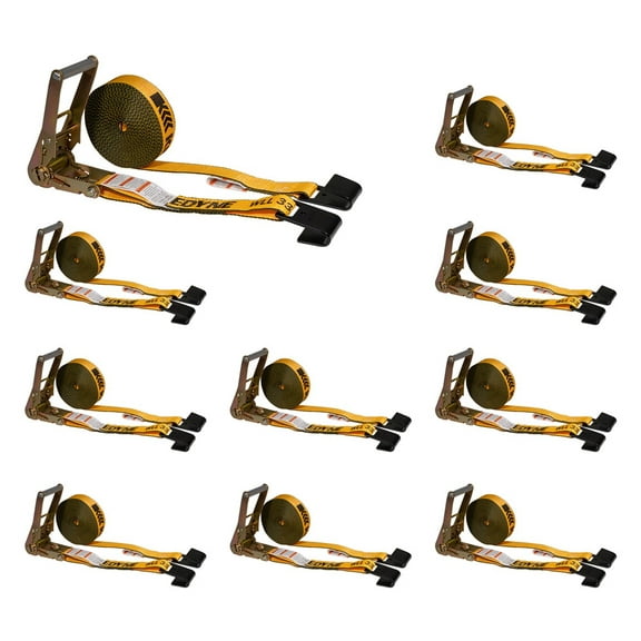 10 Pack Kinedyne Ratchet Straps with Flat Hooks, 2" x 30' Ratchet Straps Yellow | 10,000 Lbs Breaking Strength | Tie-Down Ratchet Straps for Flatbed, Truck, Trailers Pickup