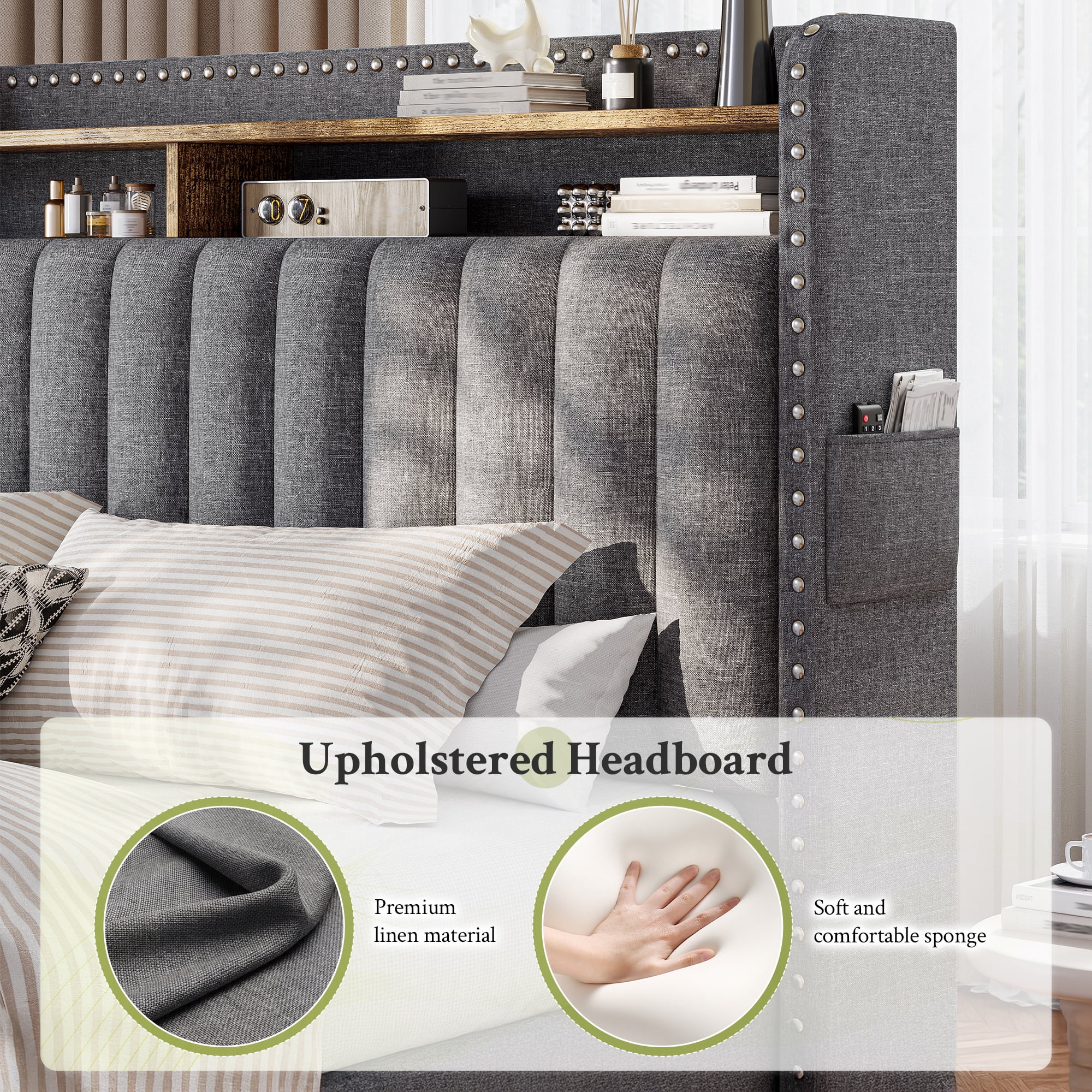EnHomee Upholstered King Size Bed Frame with Headboard and Storage King Bed Frame with 2 Drawers,Grey
