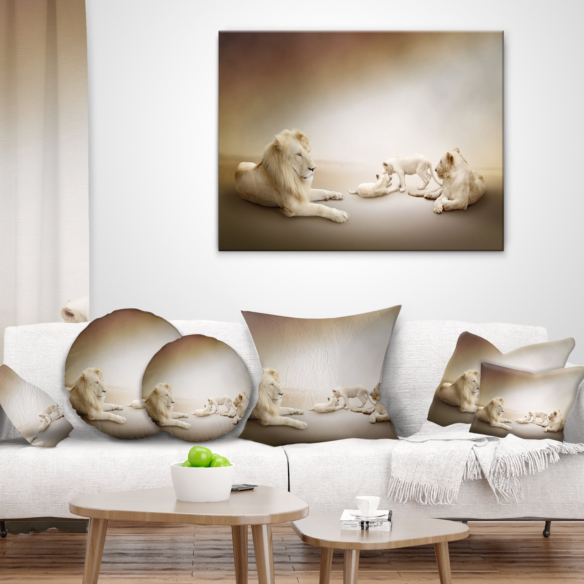 Designart White Lion Family - Animal Throw Pillow - 18x18