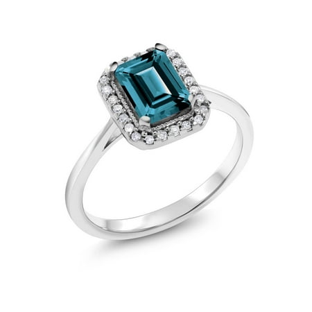 - 10K White Gold 1.31 Ct Emerald Cut London Blue Topaz Solitaire Diamond Ring
