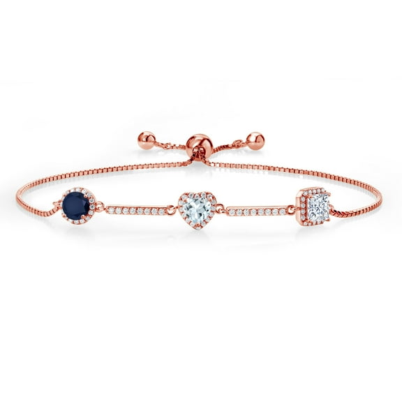 Gem Stone King 1.82 Ct Blue Sapphire Sky Blue Aquamarine 18K Rose Gold Plated Silver Bracelet for Women