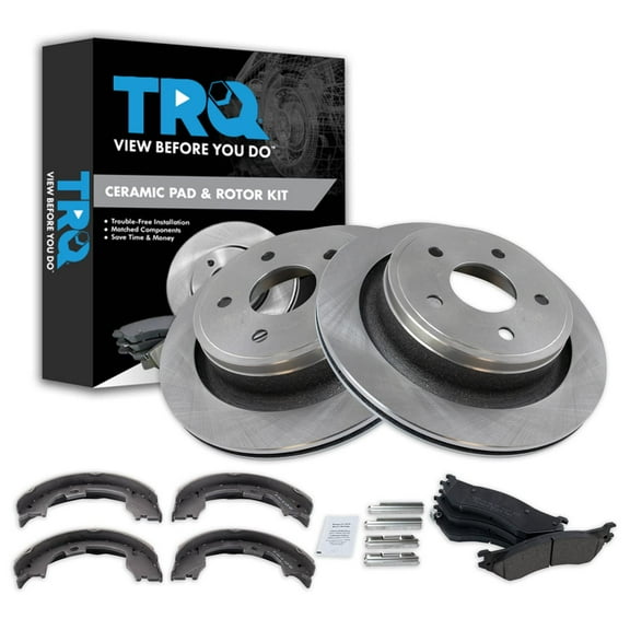 TRQ Rear Brake Pad & Rotor Kit Brake Pads Brake Rotor Parking Brake Shoe Set Ceramic Fits Select 2006-2008 Dodge Ram 1500