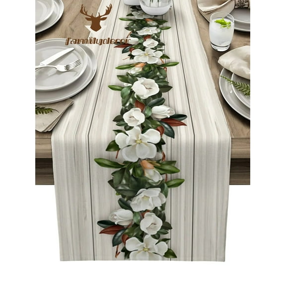 Wood Grain Magnolia Plant Flowers Table Runner Home Wedding Table Flag Mat Centerpieces Decoration Party Dining Long Tablecloth