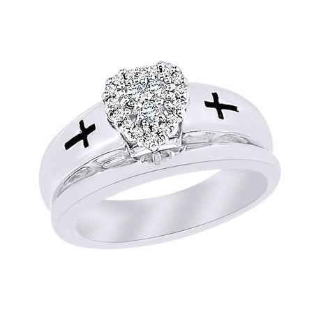 Set Round Diamond Cross - Round Cut White Natural Diamond Heart Cross Bridal Set Ring in 14k White Gold Over Sterling Silver (0.2 Cttw)