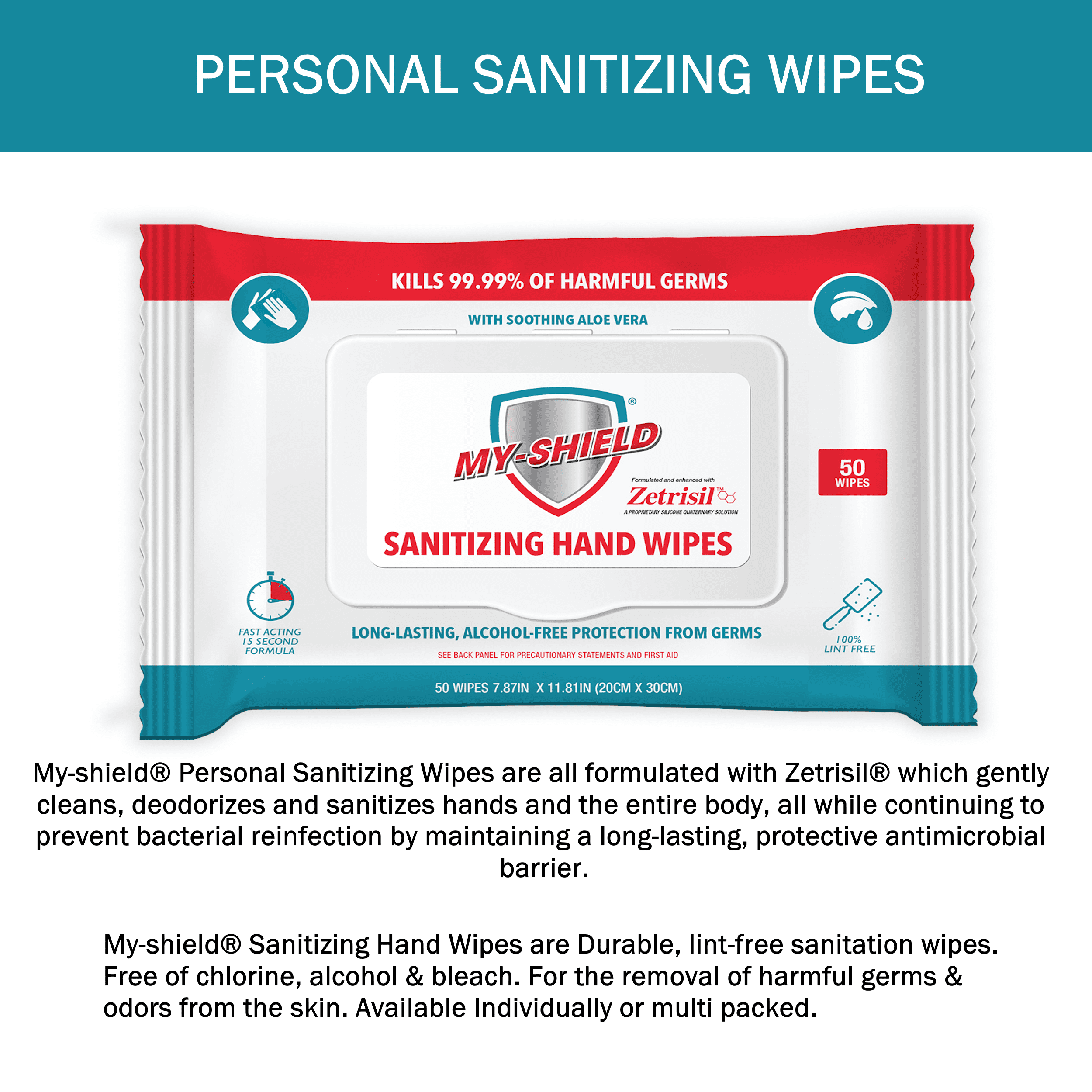 My-shield Sanitizing Hand Wipes w/Zetrisil - 50ct, Alcohol FREE (6-Pack) FDA Registered
